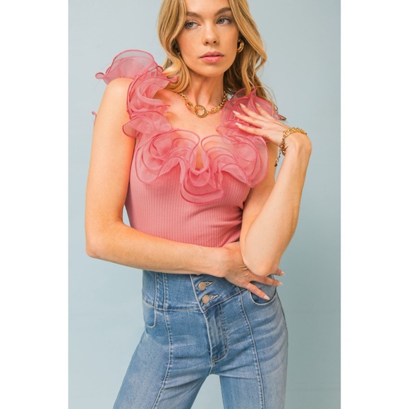Flying Tomato Pink Organza Trimmed Ribbed Cotton Sleeveless Bodysuit - Picture 2 of 11